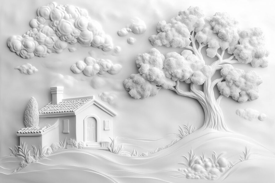 Witte muurkunst met een huis en boom Witte muurkunst met een huis en boom