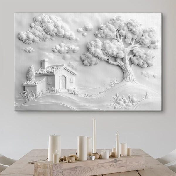 Witte muurkunst met een huis en boom Witte muurkunst met een huis en boom