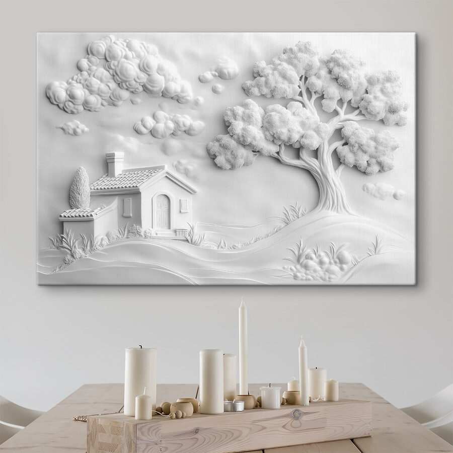 Witte muurkunst met een huis en boom Witte muurkunst met een huis en boom