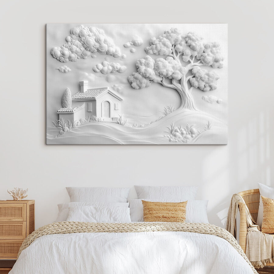 Witte muurkunst met een huis en boom Witte muurkunst met een huis en boom