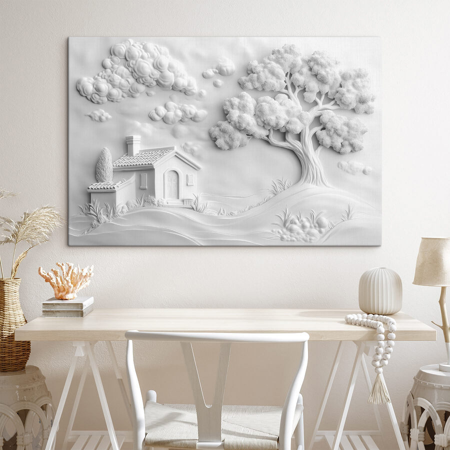 Witte muurkunst met een huis en boom Witte muurkunst met een huis en boom