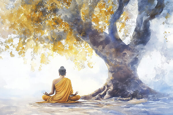 Painting of a person meditating under a tree Painting of a person meditating under a tree