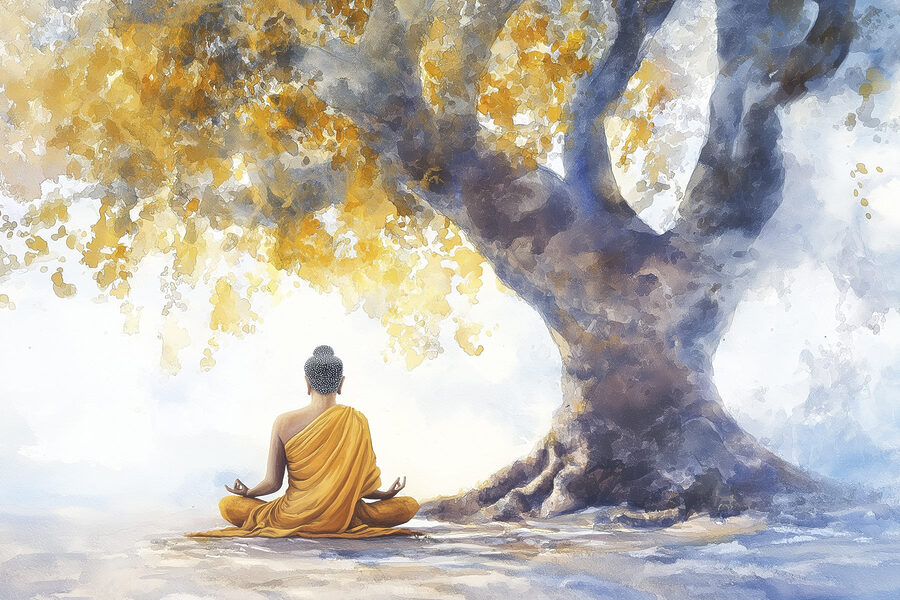 Painting of a person meditating under a tree Painting of a person meditating under a tree