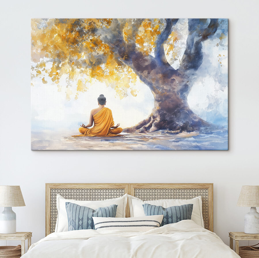 Painting of a person meditating under a tree Painting of a person meditating under a tree