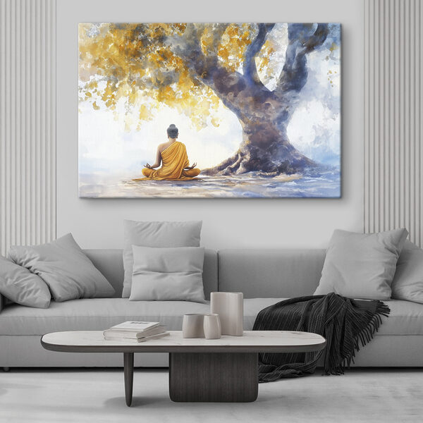 Painting of a person meditating under a tree Painting of a person meditating under a tree