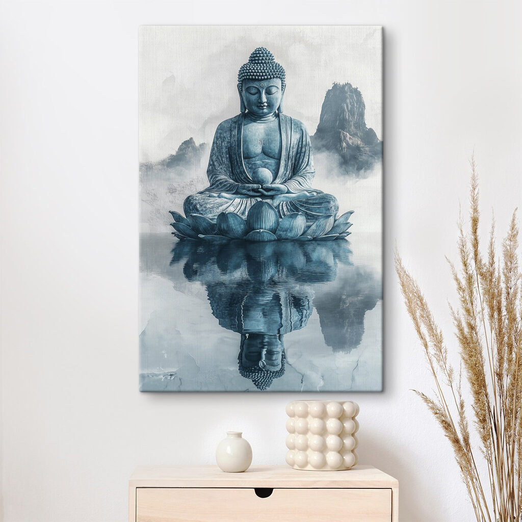Statue of a person sitting on a lotus flower in water