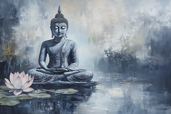 Schilderij van een standbeeld in het water Schilderij van een standbeeld in het water
