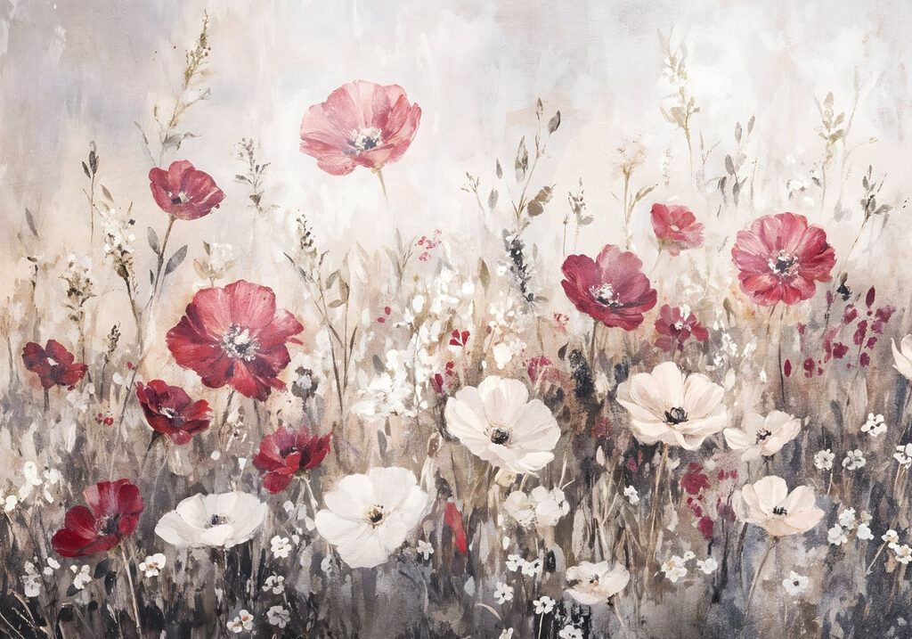 Schilderij van bloemen in een veld Schilderij van bloemen in een veld