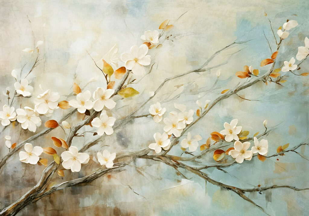 Schilderij van een tak met witte bloemen Schilderij van een tak met witte bloemen