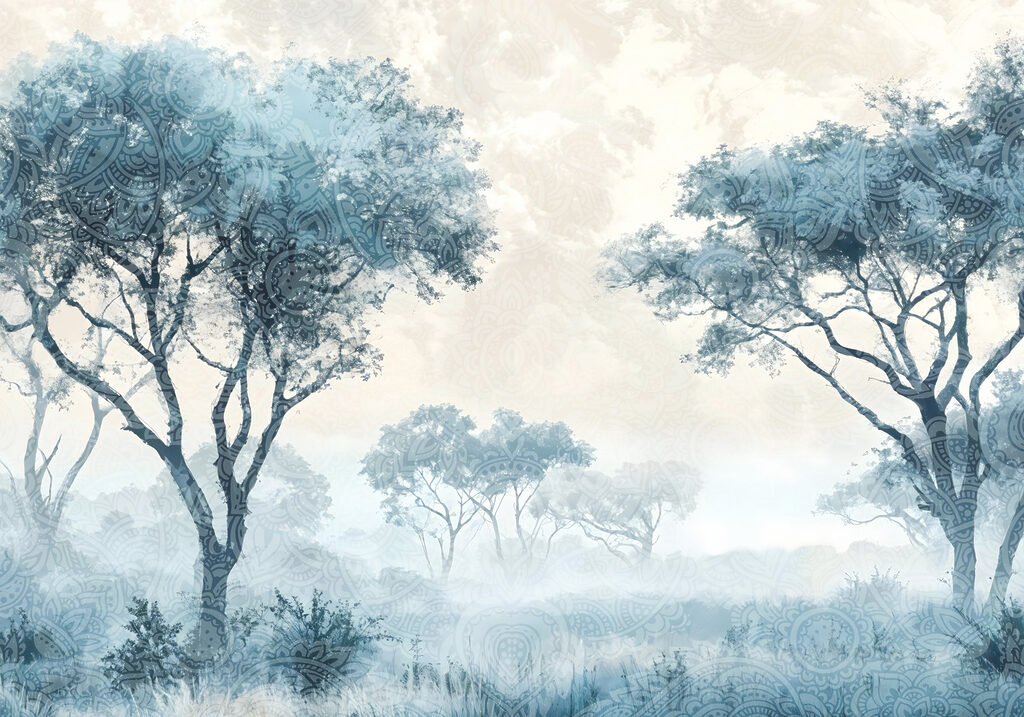 Mistig landschap met bomen en planten Mistig landschap met bomen en planten