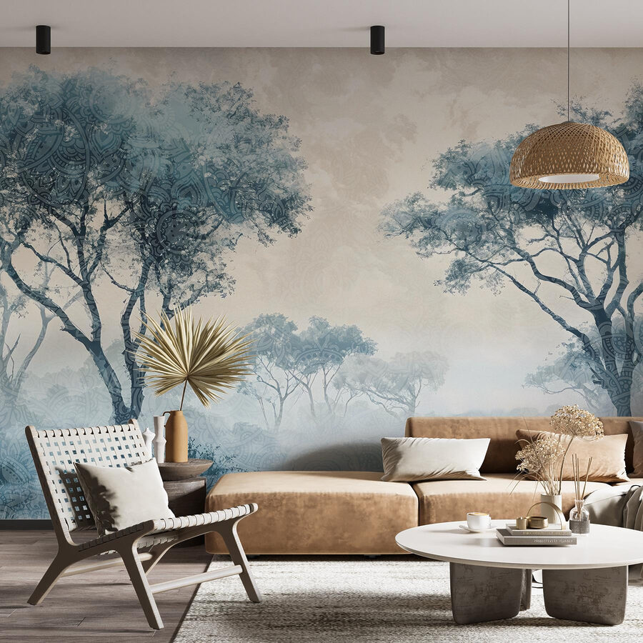 Mistig landschap met bomen en planten