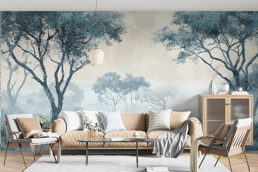 Mistig landschap met bomen en planten