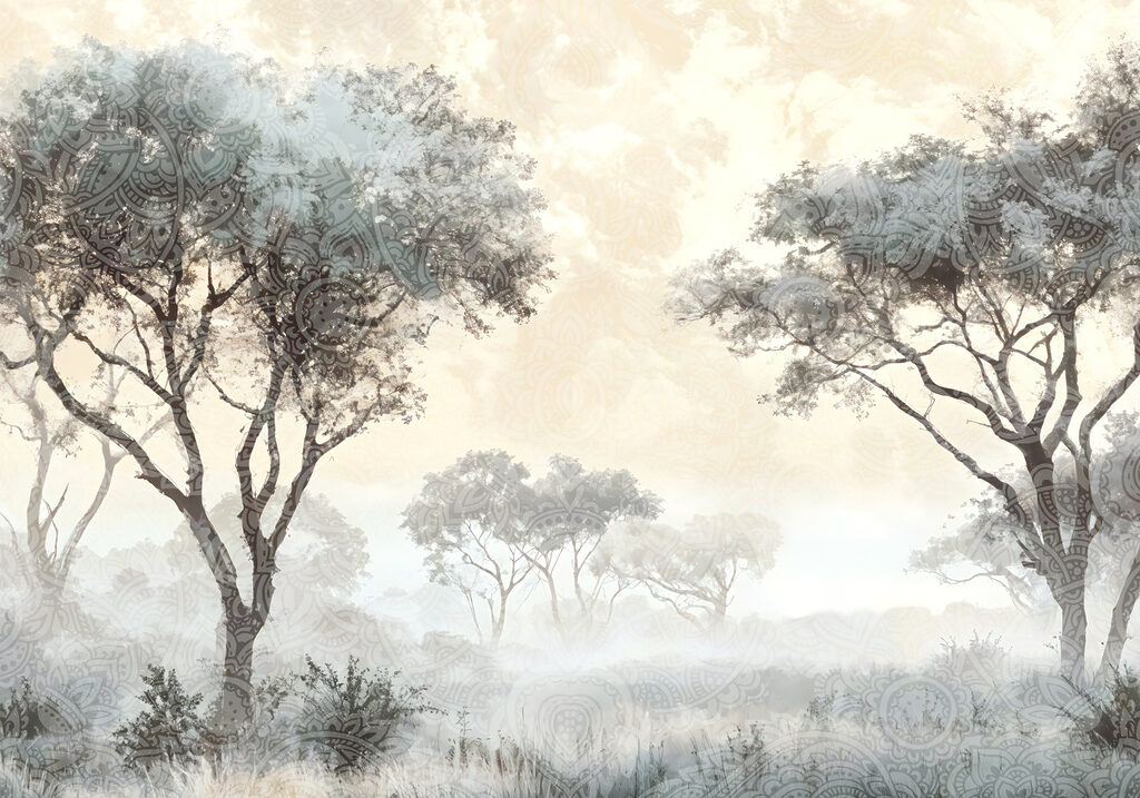 Mistig landschap met bomen en planten Mistig landschap met bomen en planten