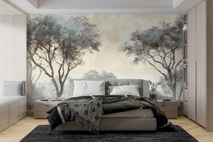 Foggy landscape with trees and plants Foggy landscape with trees and plants