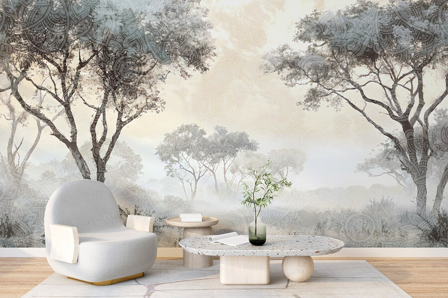 Foggy landscape with trees and plants Foggy landscape with trees and plants