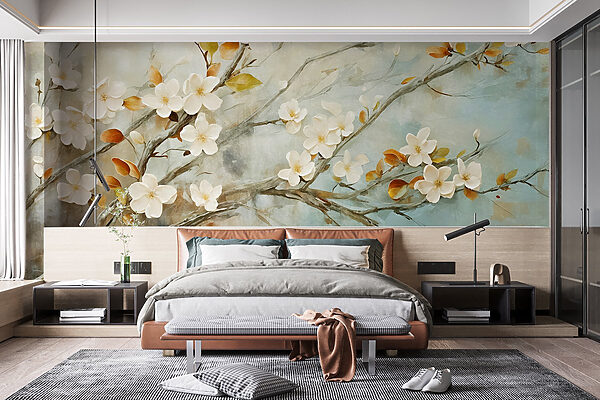 Schilderij van een tak met witte bloemen Schilderij van een tak met witte bloemen