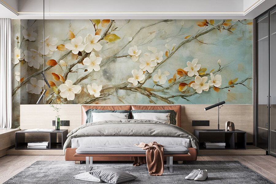 Schilderij van een tak met witte bloemen Schilderij van een tak met witte bloemen