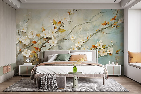 Schilderij van een tak met witte bloemen Schilderij van een tak met witte bloemen