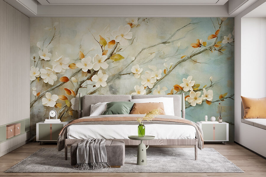 Schilderij van een tak met witte bloemen Schilderij van een tak met witte bloemen