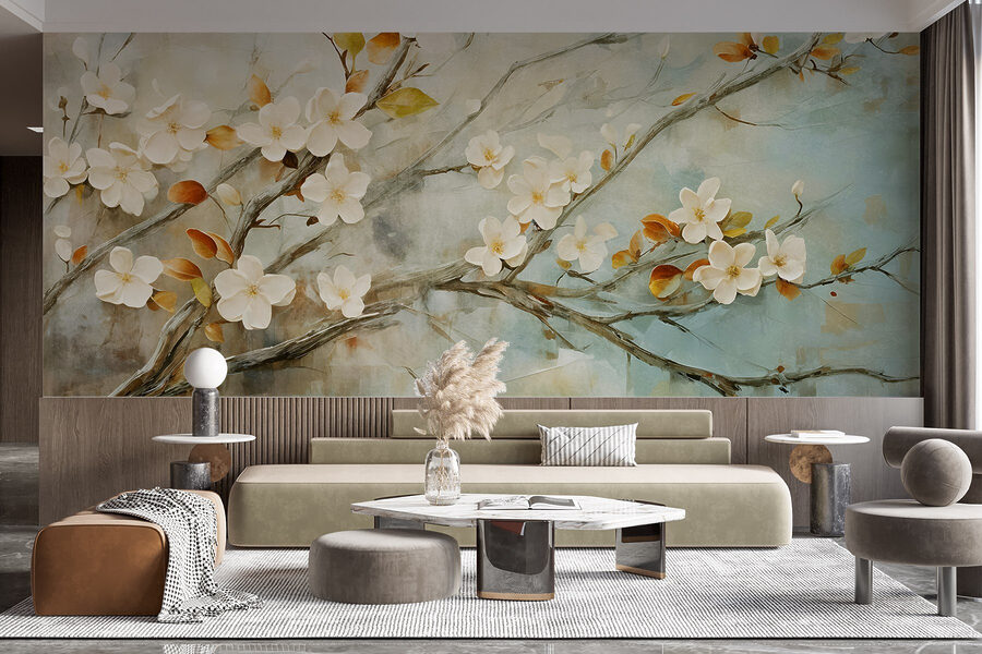 Schilderij van een tak met witte bloemen Schilderij van een tak met witte bloemen