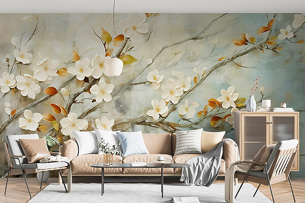 Schilderij van een tak met witte bloemen Schilderij van een tak met witte bloemen