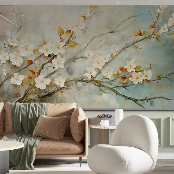 Schilderij van een tak met witte bloemen Schilderij van een tak met witte bloemen