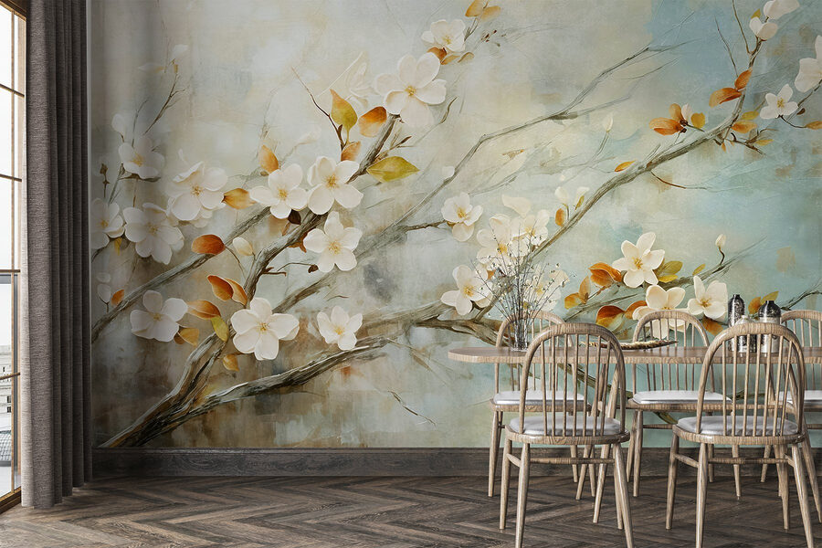 Schilderij van een tak met witte bloemen Schilderij van een tak met witte bloemen