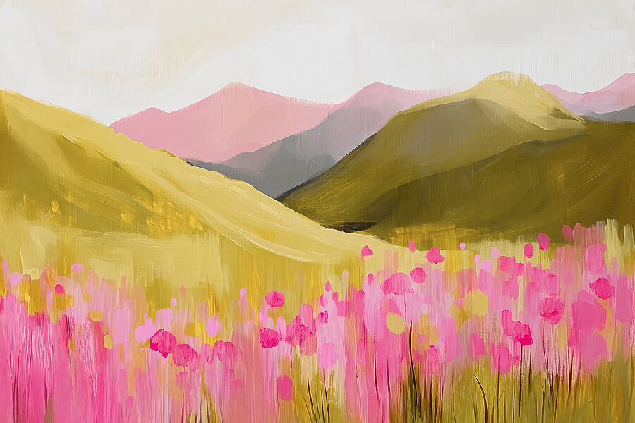 Schilderij van een veld met roze bloemen