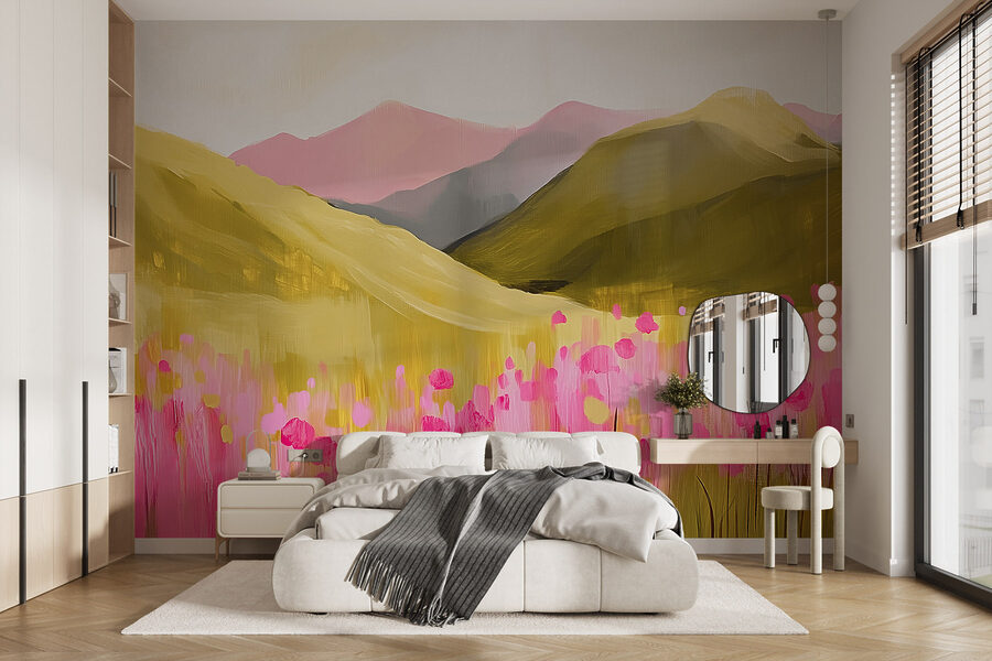 Schilderij van een veld met roze bloemen