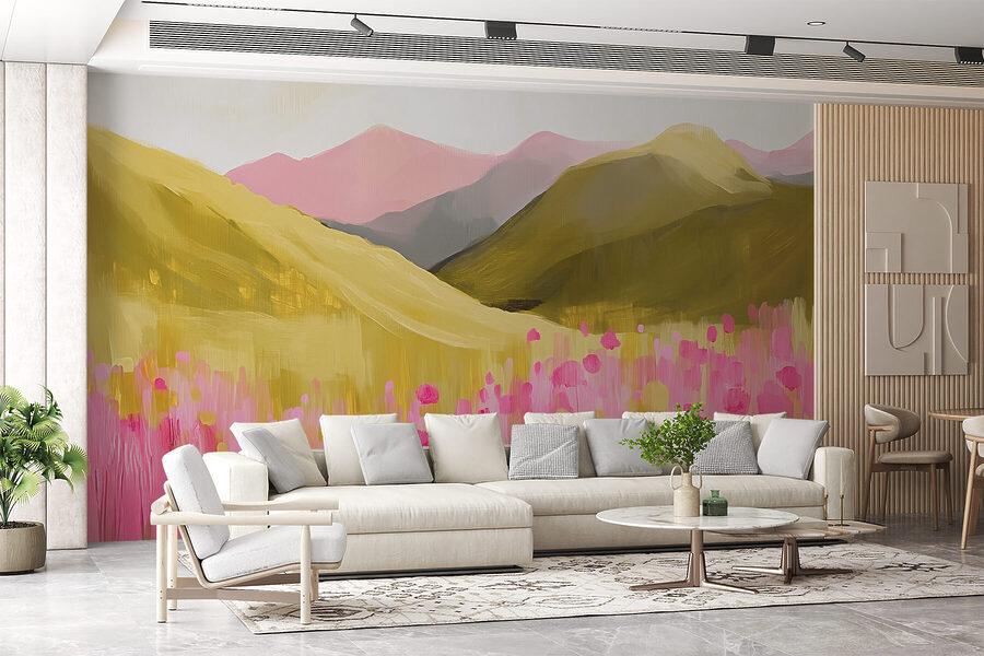 Schilderij van een veld met roze bloemen