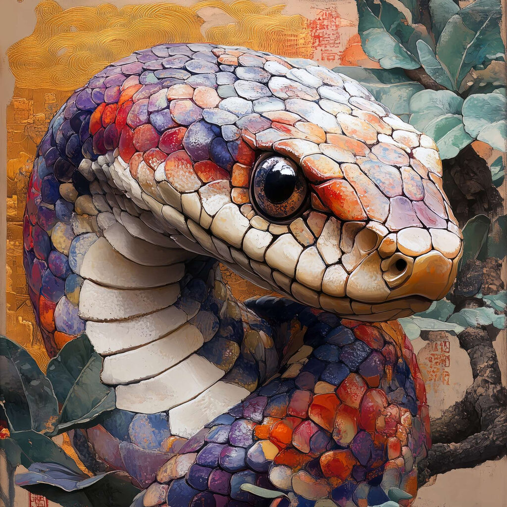 Colorful snake with leaves