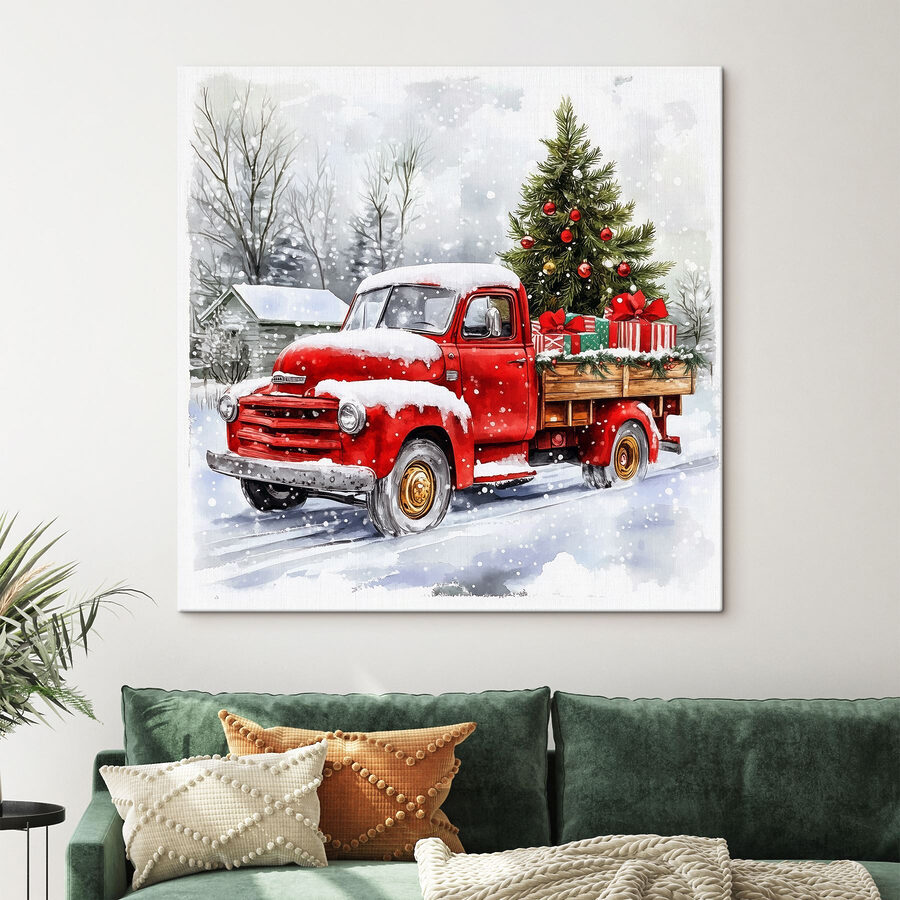 Rode vrachtwagen met een kerstboom op de achterkant Rode vrachtwagen met een kerstboom op de achterkant