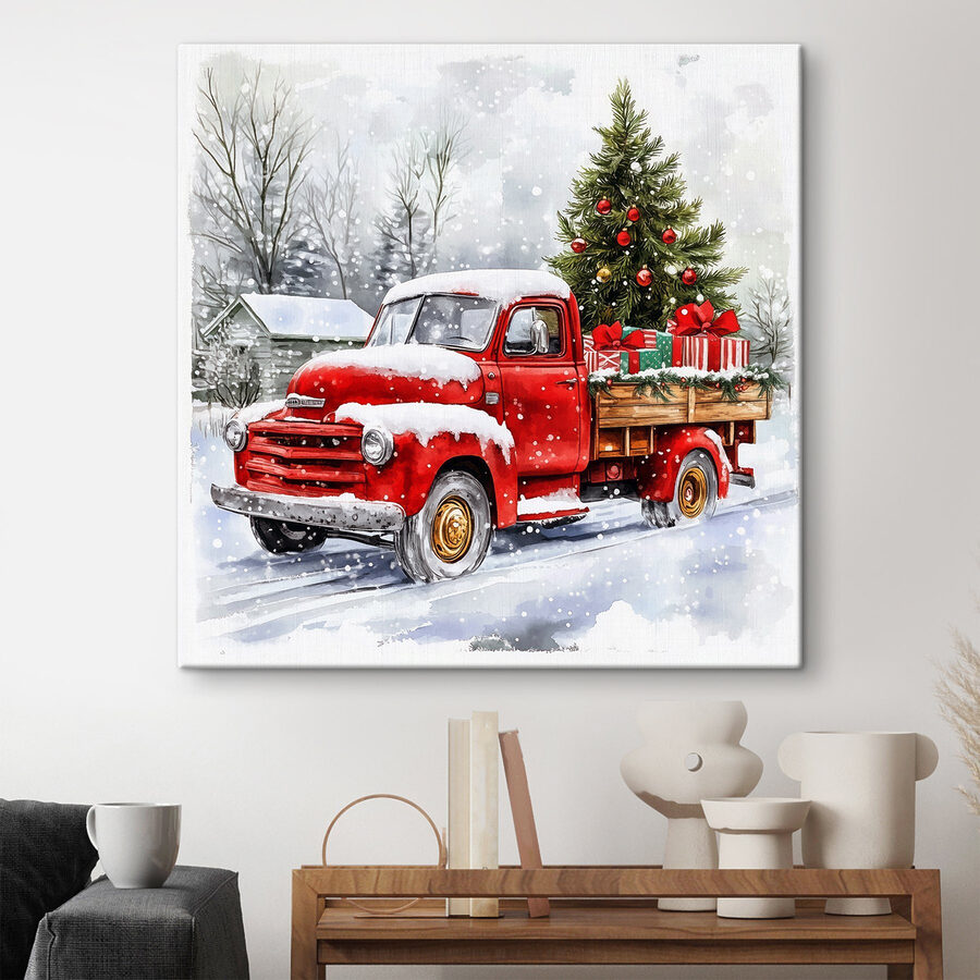 Rode vrachtwagen met een kerstboom op de achterkant Rode vrachtwagen met een kerstboom op de achterkant