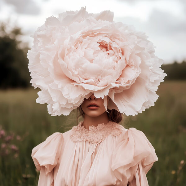 Vrouw in een jurk met een grote bloem over haar gezicht Vrouw in een jurk met een grote bloem over haar gezicht