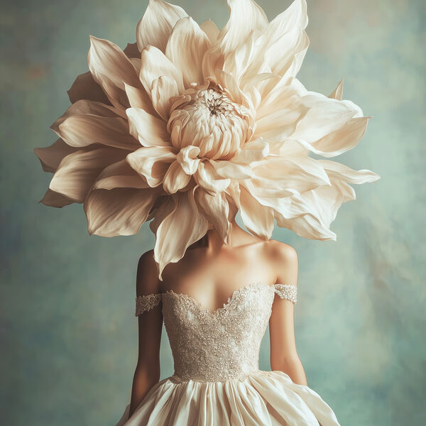 Vrouw in een jurk met een grote bloem op haar hoofd Vrouw in een jurk met een grote bloem op haar hoofd