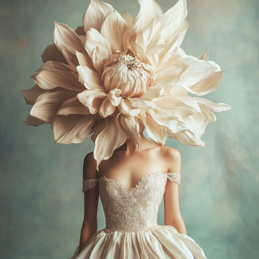 Vrouw in een jurk met een grote bloem op haar hoofd Vrouw in een jurk met een grote bloem op haar hoofd