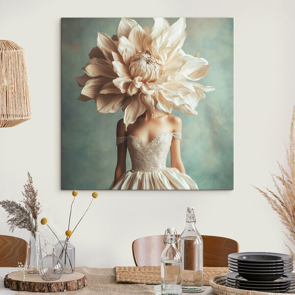 Vrouw in een jurk met een grote bloem op haar hoofd Vrouw in een jurk met een grote bloem op haar hoofd