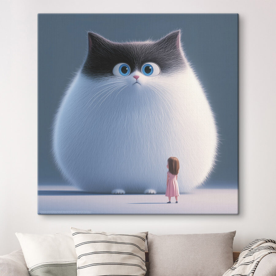 Spotprent van een kat die naar een klein meisje kijkt