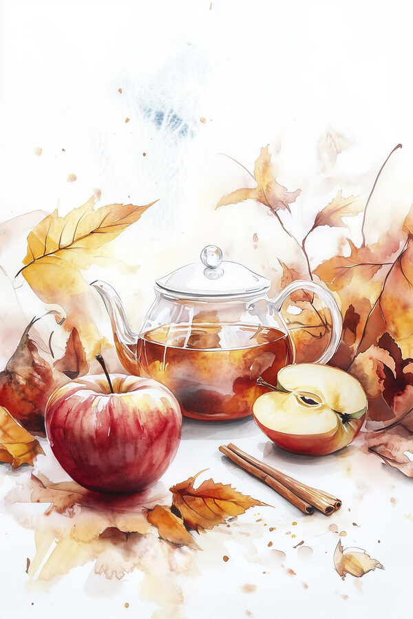 Aquarel van een theepot en appels Aquarel van een theepot en appels