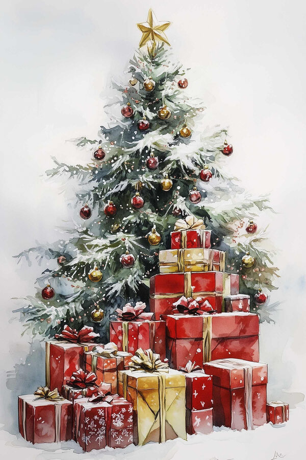 Aquarel van cadeautjes onder een kerstboom Aquarel van cadeautjes onder een kerstboom