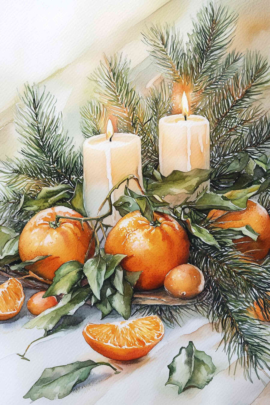 Aquarel van sinaasappels en kaarsen op een tafel
