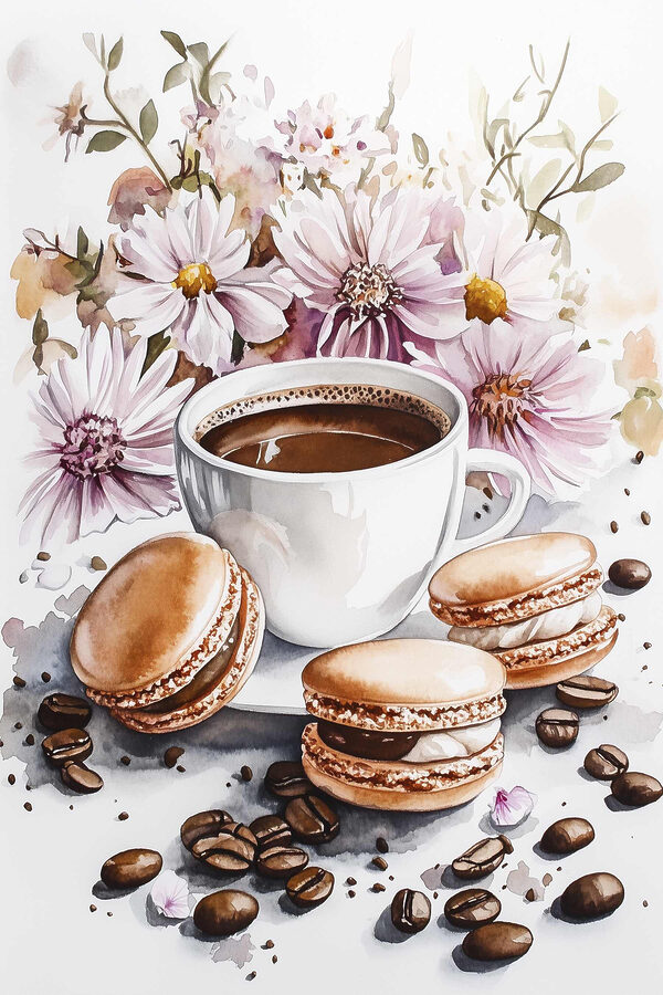 Aquarel van een kop koffie met koekjes Aquarel van een kop koffie met koekjes