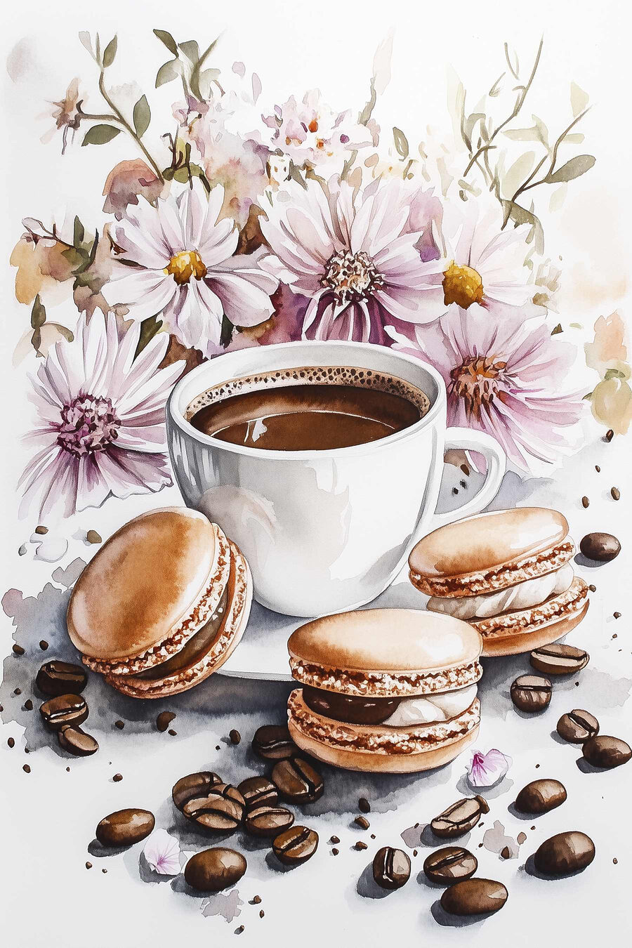 Aquarel van een kop koffie met koekjes