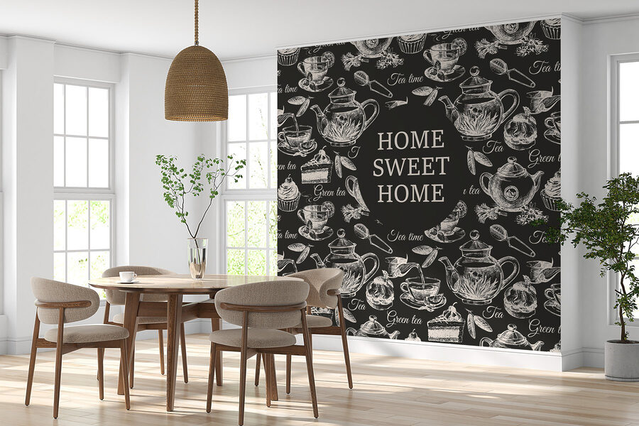 Behang met theepotten en kopjes