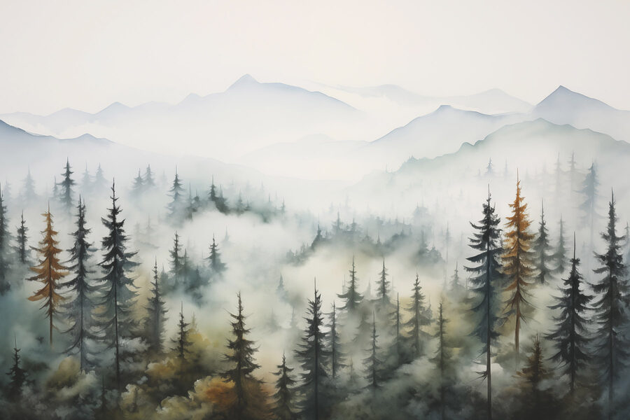 Schilderij van bomen en mist Schilderij van bomen en mist