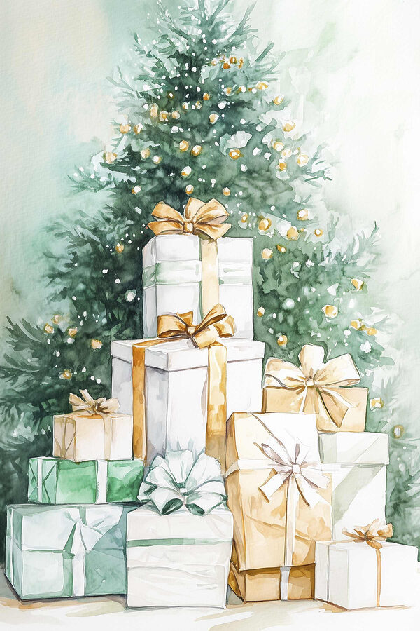 Aquarel van cadeautjes onder een boom Aquarel van cadeautjes onder een boom