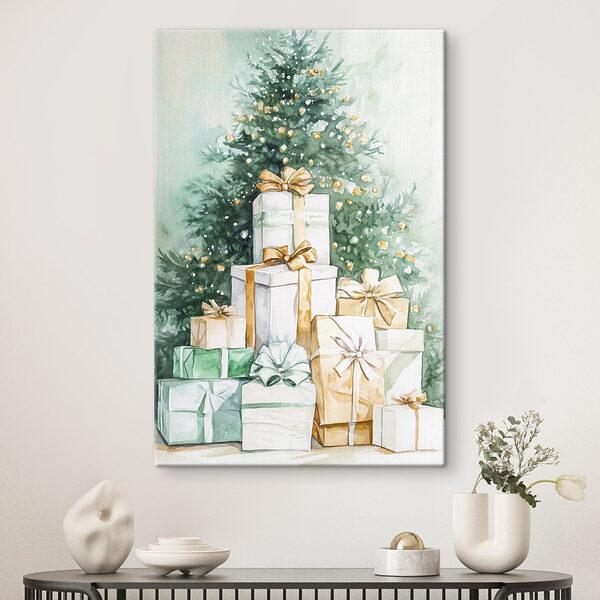 Aquarel van cadeautjes onder een boom Aquarel van cadeautjes onder een boom