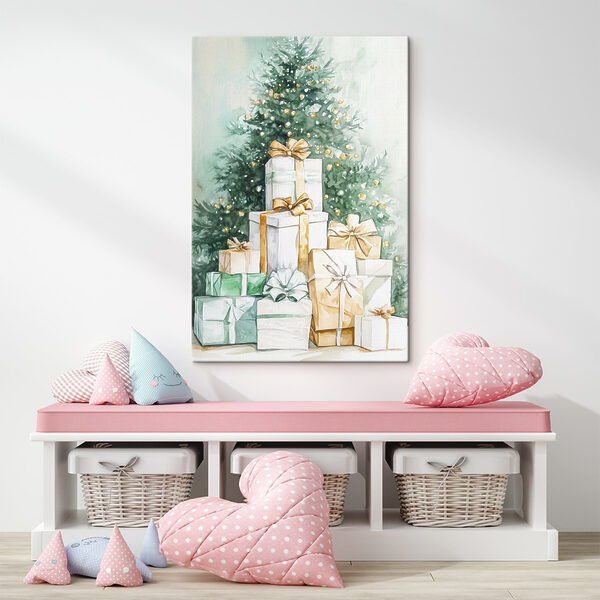 Aquarel van cadeautjes onder een boom Aquarel van cadeautjes onder een boom