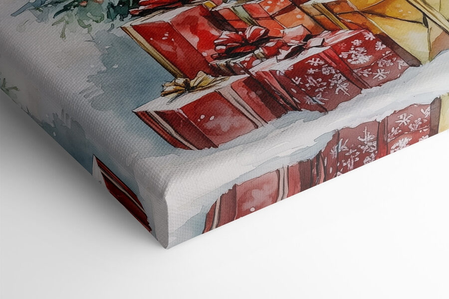Aquarel van cadeautjes onder een kerstboom