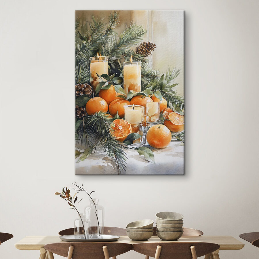 Schilderij van sinaasappels en kaarsen